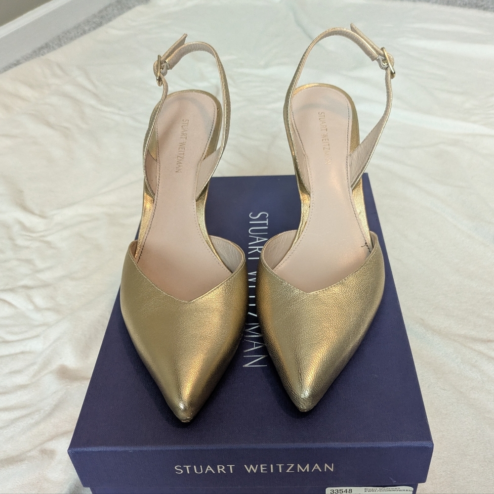 Stuart Weitzman Gold Pointed Toe Slingback Heels